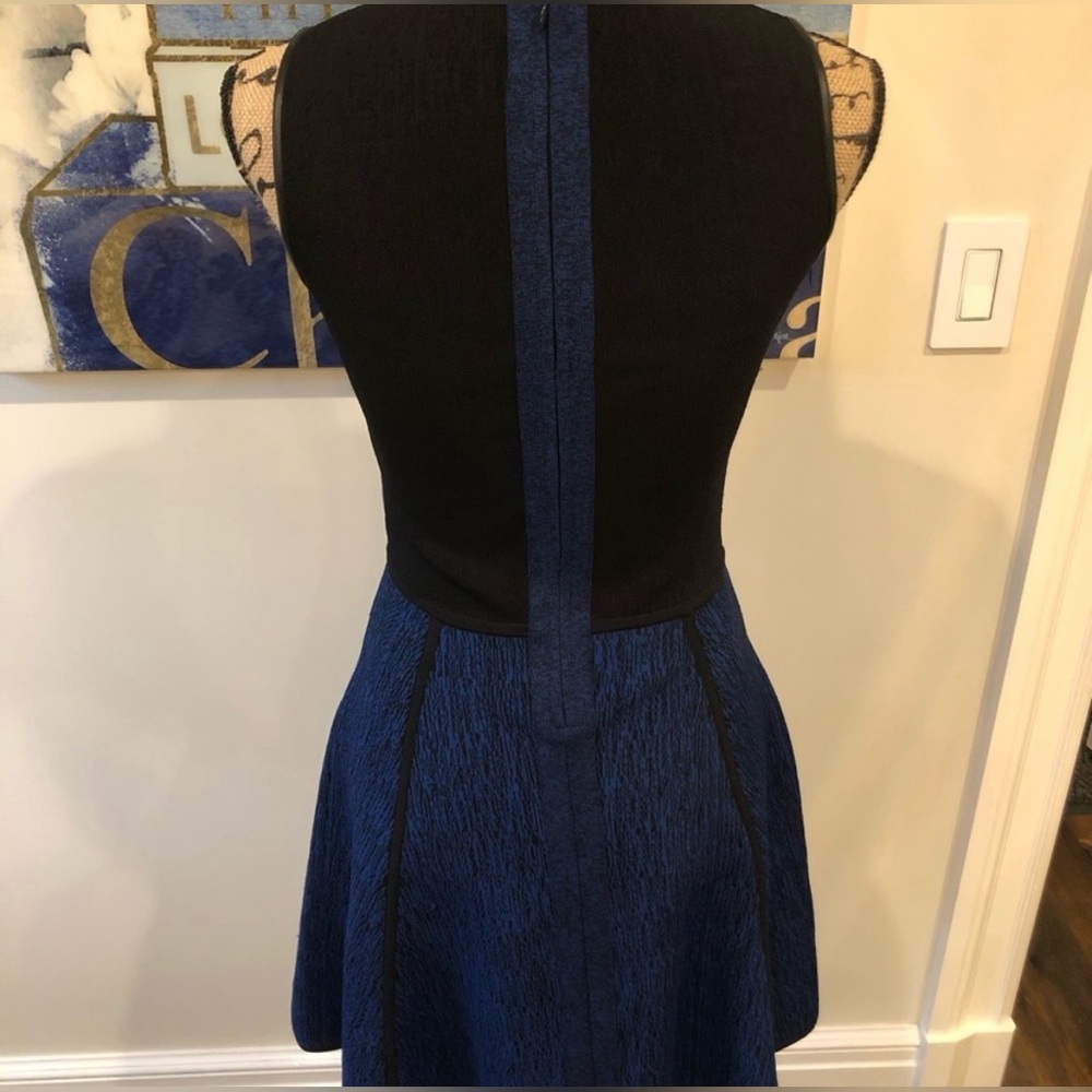 Sleeveless Blue Textured Fit & Flare Dress with Faux Leather Yoke - Picture 3 of 3